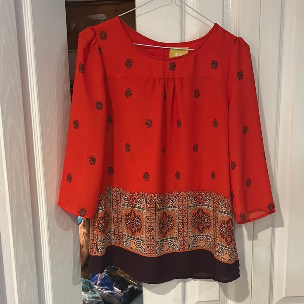 Maeve Red Blouse with Patterned Hem